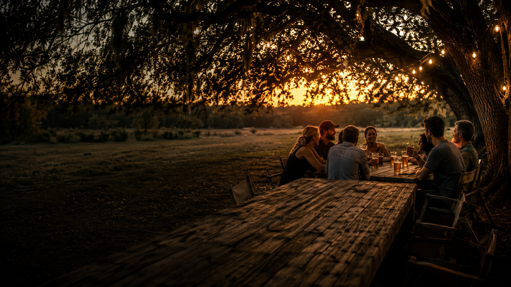 Friends gathered around a long table beneath live oaks at sunset