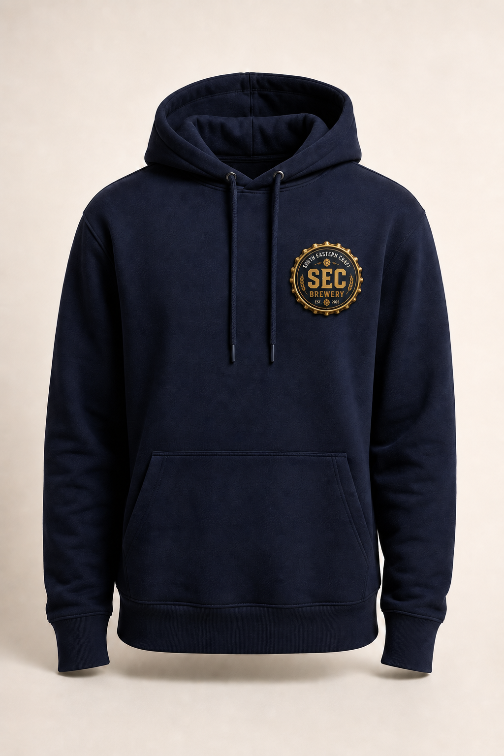 Navy SEC Brewery hoodie with the official beer-top seal on the left chest