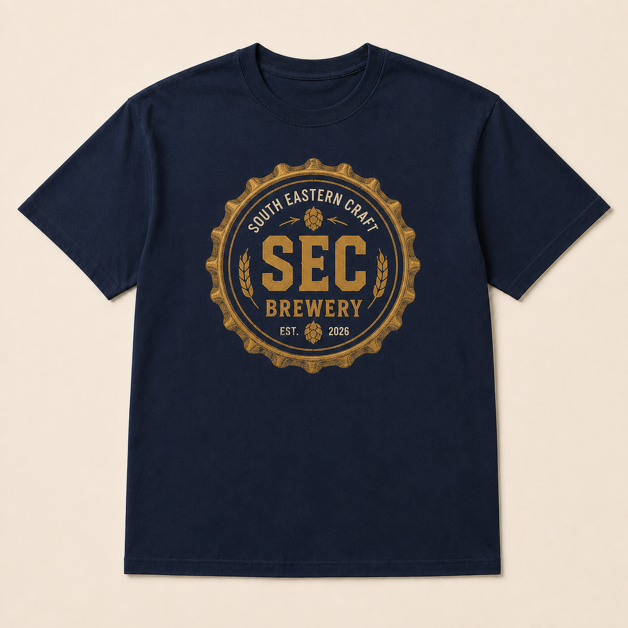 Navy SEC Brewery T-shirt with a large official beer-top seal screen printed on the front