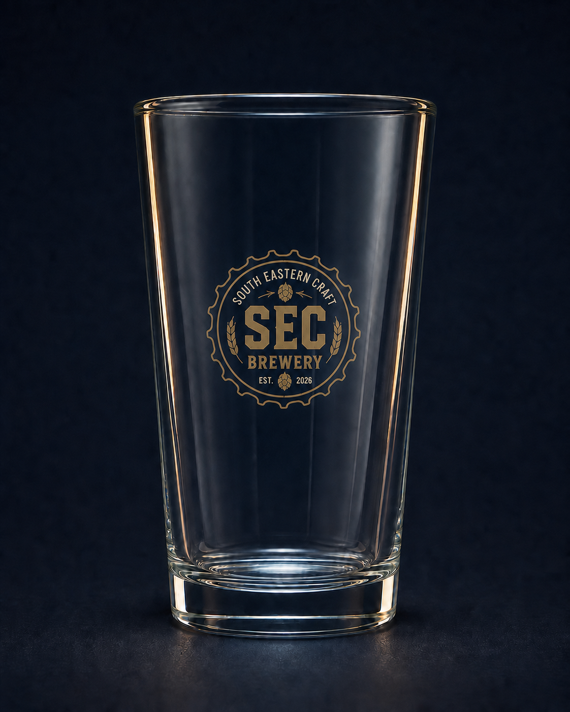 Clear SEC Brewery pint glass with the official beer-top seal printed on the curved glass