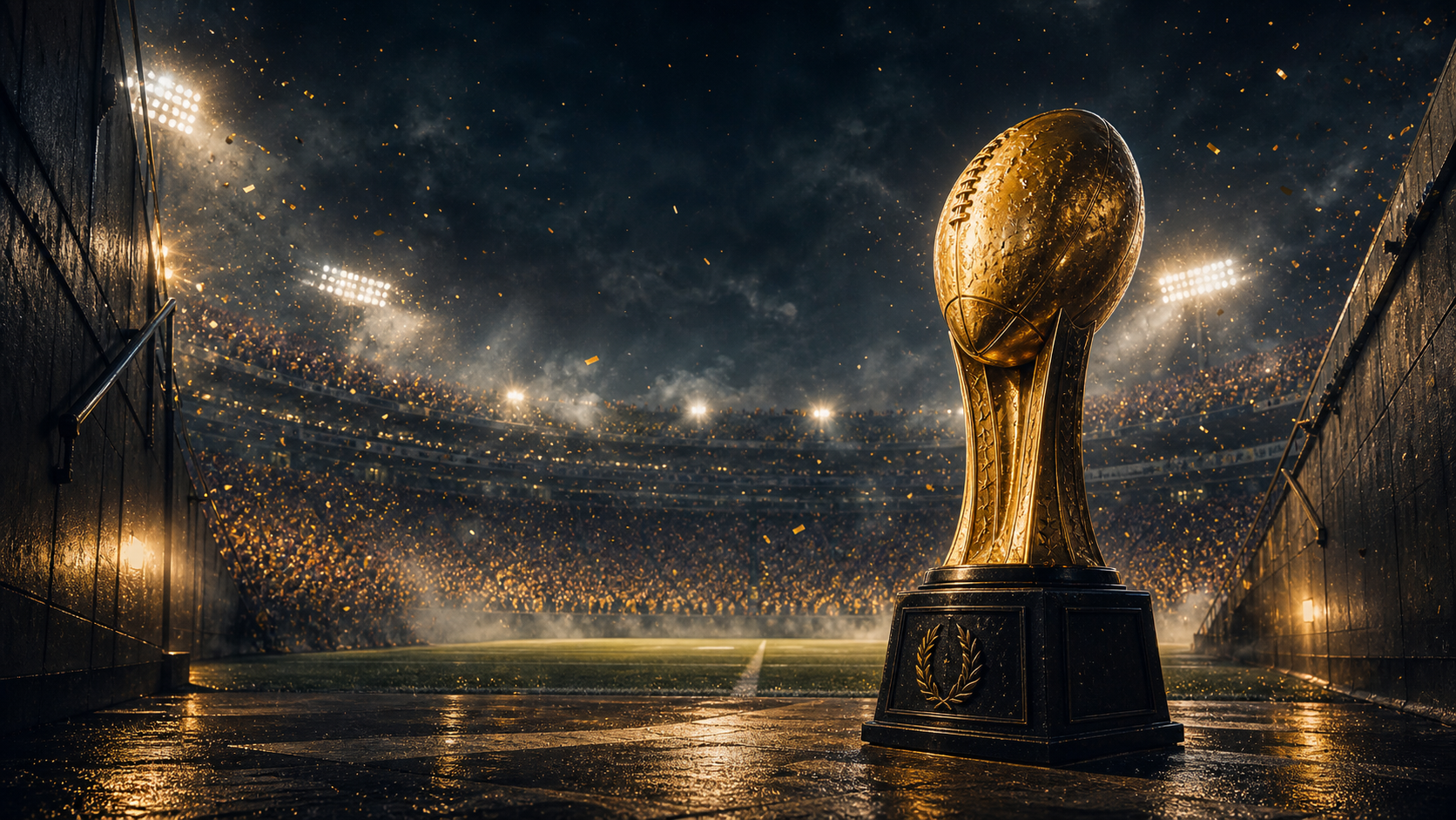 A championship stadium glowing under the lights
